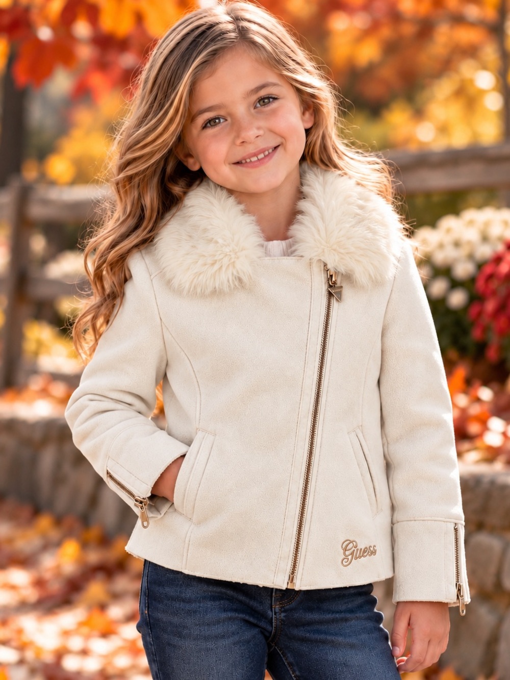Guess Girls Size 6 Ivory Faux Suede Jacket | Faux Fur Collar